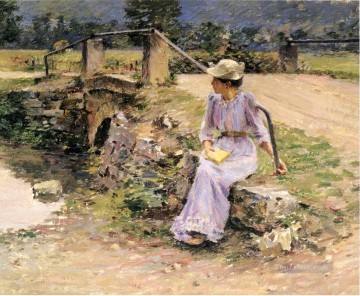 three women at the table by the lamp Painting - La Debacle aka Marie at the Little Bridge Theodore Robinson